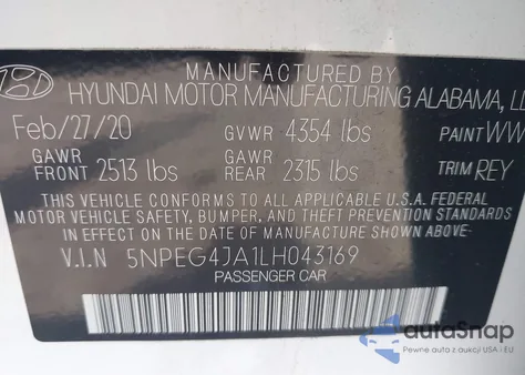 2020 Hyundai Sonata Se z USA, uszkodzony, nr VIN 5NPEG4JA1LH043169